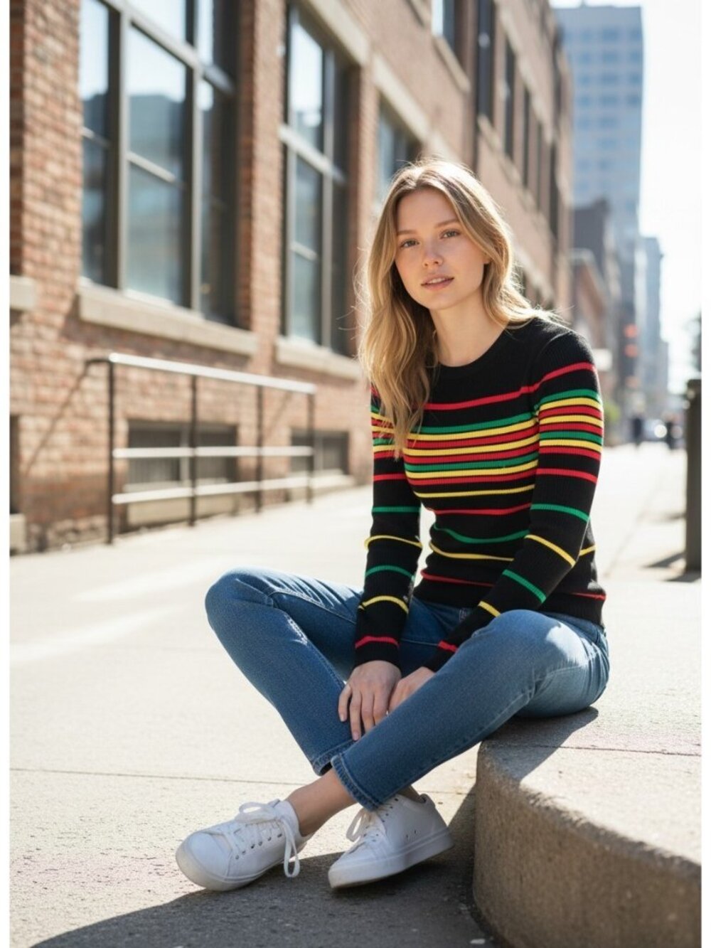 70s Womens Sweater Sz M Striped‎ Black Colorful Thin Retro Fitted Rasta Jamaica